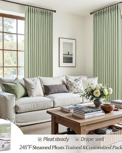Memory Shape Pinch Pleated Curtains 102 Inches Long for Dining Room, Light Green Blackout Dual Layer Linen Sound Dampening Windows Drapes with Hooks Rings Insulated Decorative Windows Burg 2 Panel Set