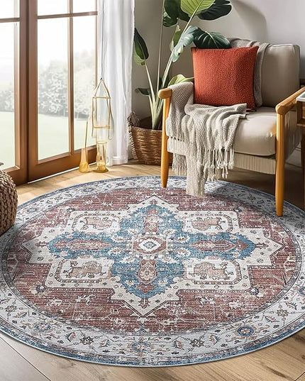 jinchan Round Rug 4ft Area Rug - Machine Washable 4'Circle Vintage Floral Non-Slip with Rubber Backing Ultra-Thin Low-Pile Carpet for Living Room Dining Room Entryway (4'Round, Rusty Red/Blue)