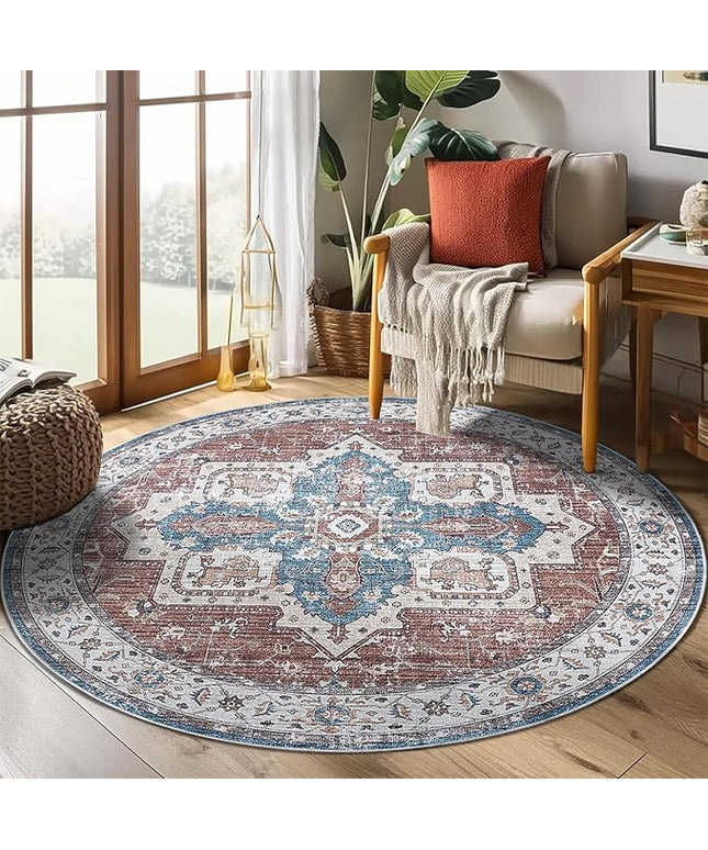jinchan Round Rug 4ft Area Rug - Machine Washable 4'Circle Vintage Floral Non-Slip with Rubber Backing Ultra-Thin Low-Pile Carpet for Living Room Dining Room Entryway (4'Round, Rusty Red/Blue)
