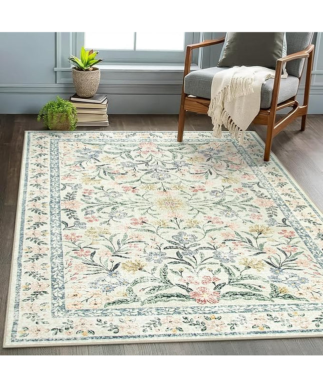 Wonnitar Washable Area Rugs 5x7, Soft Floral Bedroom Area Rug, Washable Carpet 5x7 Non Slip, Boho Flower Print Beige Carpets for Living Room Bedside Dining Room