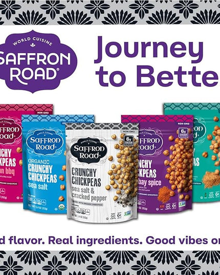 Saffron Road Crunchy Chickpeas Variety Pack with Bombay Spice, Korean BBQ, Falafel, Sea Salt & Cracked Pepper | High-Protein, Vegetarian, Non-GMO, Halal & Kosher Certified Snack | Pack of 6