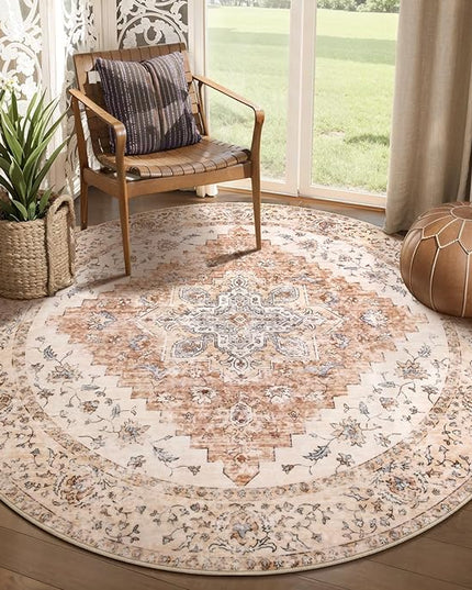 Ciicool Boho 5x5ft Round Area Rug Washable Bedroom Rug Non-Slip Oriental Entryway Throw Rug Low-Pile Indoor Carpet for Dining Room(Vintage Cream/Brick)