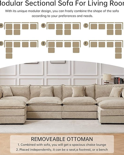 Modular Sectional Sofa, 147.2 Inch U Shaped Couch Set with Armrests, 4-Seater Comfy Cloud Couches with Movable Ottoman for Living Room Apartment, Coffee