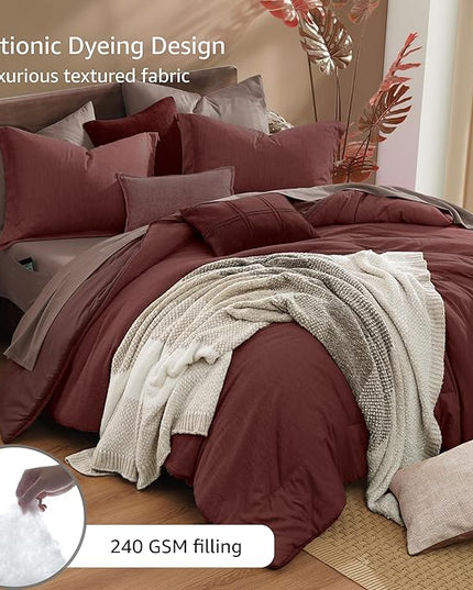 Monbix California King Comforter Set - 7 Pieces Cationic Dyeing Dark Red Bed in a Bag Cal King Bedding Sets with Comforter, Sheets, Pillowcases & Shams, Reversible Bedding Comforters Sets (108 * 92)