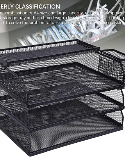 3 Tier Paper Organizer 3 Tray Letter Storage Mesh Desk A4 File Sorter with Top Box Pen Container for Home School Office Desk Organization Iron Metal Mesh Design