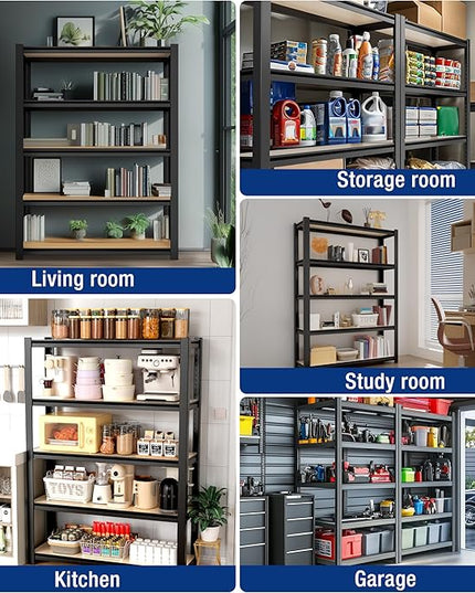 WORKPRO House 3000lbs 5-Tier Shelving Unit, 72" H Adjustable Storage Shelves, Boltless Book Shelf, Shelf Organizer for Kitchen, Living Room, Bathroom, Wood Grain Pattern, Waterproof Board, Black