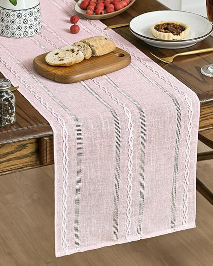 Artoid Mode Pink Rustic Cotton Linen Table Runner, Seasonal Embroidered Hollow Kitchen Dining Table Decoration for Home Party Decor 13x60 Inch