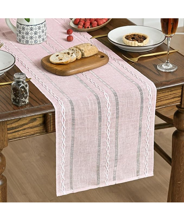 Artoid Mode Pink Rustic Cotton Linen Table Runner, Seasonal Embroidered Hollow Kitchen Dining Table Decoration for Home Party Decor 13x90 Inch