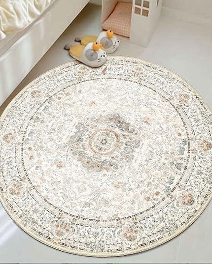 Boho Round Rug 4ft,Washable Circle Area Rugs for Bedroom Bathroom Entryway,Beige Vintage Bohemian Distressed Oriental Floral Carpet Non Slip