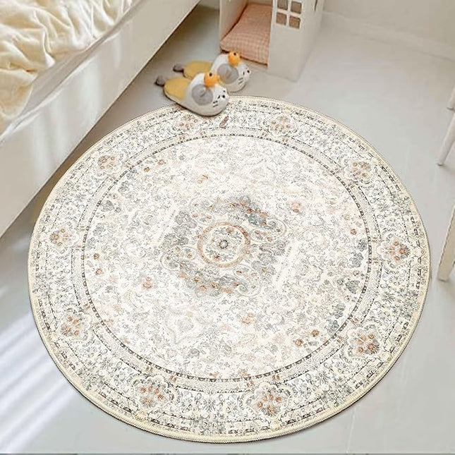 Boho Round Rug 4ft,Washable Circle Area Rugs for Bedroom Bathroom Entryway,Beige Vintage Bohemian Distressed Oriental Floral Carpet Non Slip