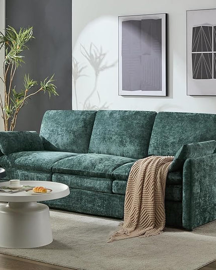 Tbfit Modern Couch, 89" Cloud Sofa Spring Seat Cushions, Comfy 3-Seater w/Pillows, Chenille Fabric Removable Covers, Soft Upholstered Living Room Furniture, Home Apartment, Green