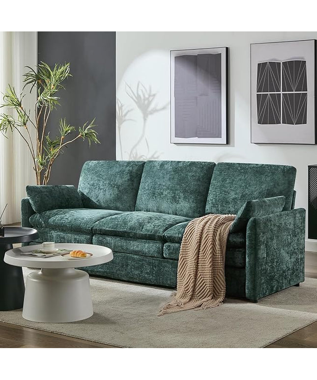 Tbfit Modern Couch, 89" Cloud Sofa Spring Seat Cushions, Comfy 3-Seater w/Pillows, Chenille Fabric Removable Covers, Soft Upholstered Living Room Furniture, Home Apartment, Green