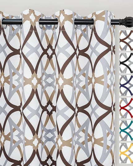 DriftAway Alexander 80% Blackout Curtains for Living Room 250GSM Pattern Match Thermal Insulated Room Darkening Geo Moroccan Mid Century Grommet Bedroom Drapes 2 Panels 52 Inch by 84 Inch Brown