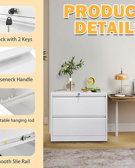 2 Drawer Lateral File Cabinet with Lock, File Cabinet, Metal Lateral Filing Cabinets for Home Office, File Storage Cabinet for Legal/Letter/A4 Documents, Assembly Required (White, 26'W)