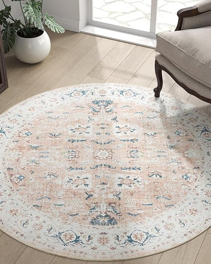 jinchan Round Rug 4ft Area Rug - Washable Boho Vintage Floral Circle 4' Round Floor Cover Lightweight Low Pile Thin Throw Non-Slip Carpet for Kitchen Living Room Bedroom Dining Room Office Pink Blush