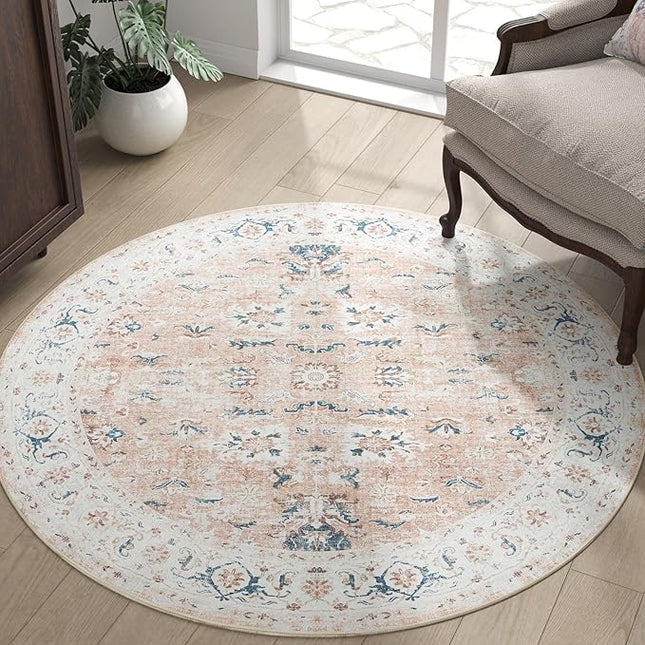 jinchan Round Rug 4ft Area Rug - Washable Boho Vintage Floral Circle 4' Round Floor Cover Lightweight Low Pile Thin Throw Non-Slip Carpet for Kitchen Living Room Bedroom Dining Room Office Pink Blush