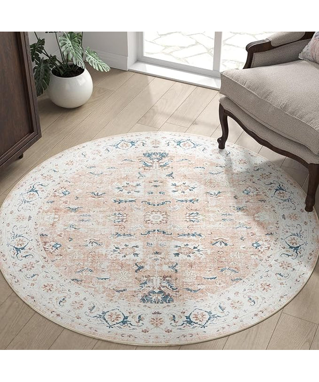 jinchan Round Rug 5ft Area Rug - Washable Boho Vintage Floral Circle 5' Round Floor Cover Lightweight Low Pile Thin Throw Non-Slip Carpet for Kitchen Living Room Bedroom Dining Room Office Pink Blush