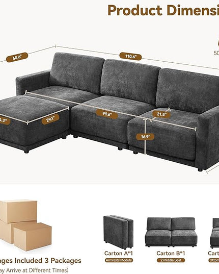 110.6" L Shaped Modular Sectional Sofa Modern Chenille Comfy Couch with Thickened Seat Cushions, Easy Assembly, Upholstered 4 Seater Couch with Movable Ottoman for Living Room, Grey