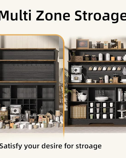55'' Farmhouse Coffee Bar Cabinet with 3 Tier Storage Hutch, Coffee Bar Station with Sliding Barn Door, Hutch Storage Cabinet with 12 Wine Racks & 9 Hooks for Kitchen Dining Living Room