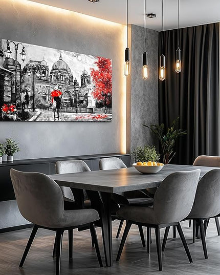 Black and White Buildings and Lovers Holding Umbrellas Under Street Lamps Canvas Art Print Artwork Wall Art for Living Room bedroom Wall Decor，Modern Home Decor Watercolor wall painting decoration