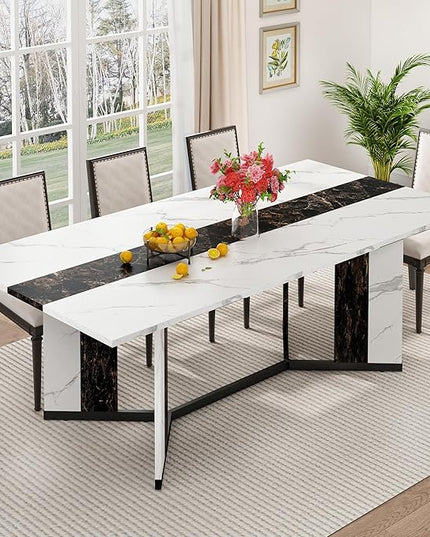 71 inch Dining Table for 4 5 6 | Modern White&Black Rectangular Kitchen Table W/Waterproof Wood Tabletop,Farmhouse Long Dining Room Tables W/Adjustable Legs&Wood Strip Base for Kitchen Living Room