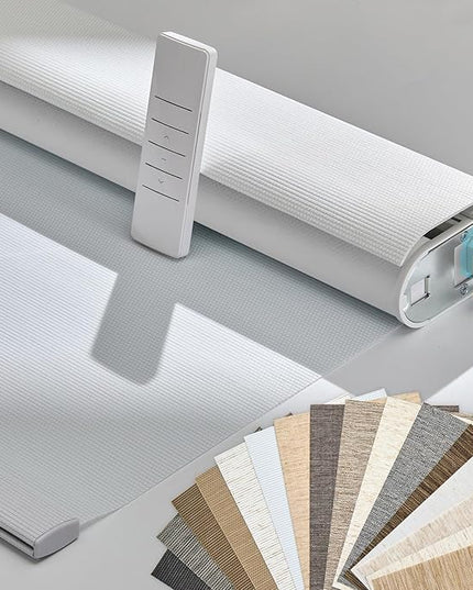 Persilux Smart Motorized Blinds with Remote, No Drill Automatic Roller Shades for Indoor Windows, Blackout Linen Fabric, Electric Blinds for Windows, Weave Swan C162BO-1, Custom Size