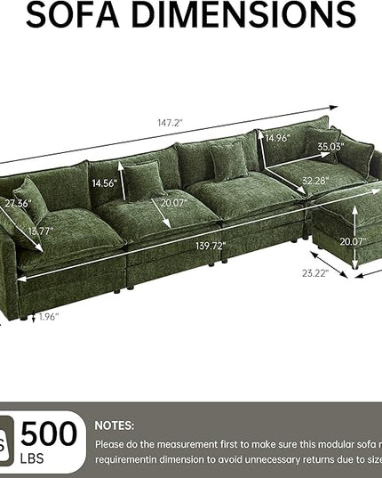Modular Sectional Sofa, 147.2 Inch L Shaped Couch Set with Armrests, 4-Seater Comfy Cloud Couches with Movable Ottoman for Living Room Apartment, Green