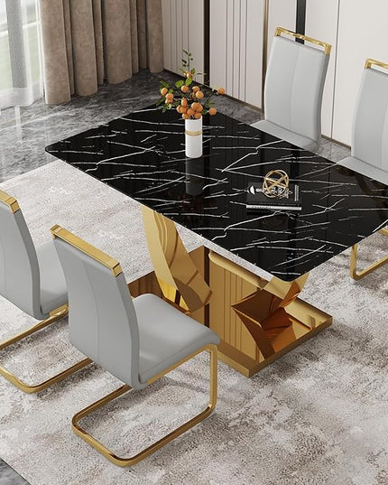 63” Dining Room Table Set for 4,Modern Gold Dining Table Set for 4 PU Leather Chairs,Black Faux Marble Dinner Table Set with Tempered Glass Top and Golden Base