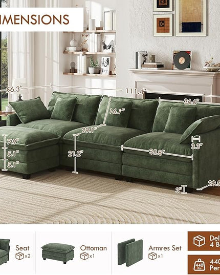 WorthFurni 111.4” Cloud Couch Modular Sectional Sofa with Ottoman, Comfy Modern 3-Seater Couches with Pillows & Upholstered Deep Seat Cushion for Apartment Living Room Bedroom (Green)
