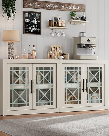 GarveeHome 71" White Buffet Sideboard with Storage, Modern Tall Coffee Bar Cabinet with 4 Glass Doors, Large Kitchen Buffet Table for Dining Room, Living Room, Entryway