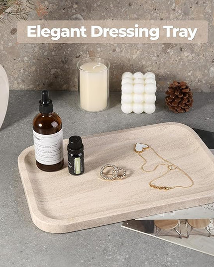 Marble Vanity Tray, Bathroom Tray Countertop, Decorative Dresser Organizer, Perfume, Jewelry Holder, Beige Stone Serving for Kitchen Sink Storage(MOCA Cream)