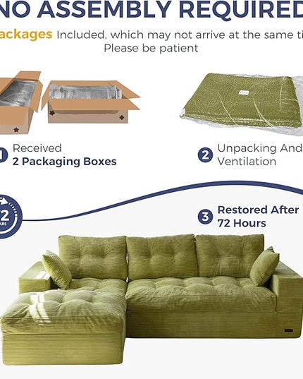 MAXYOYO 104" L Shaped Modular Sectional Sofa with Ottoman, Cloud Boneless Couch with Layered Cushion, Upholstered Sofa in a Box, Flexible Module Combination for Living Room, No Assembly, Green