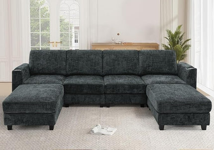 110" Chenille U-Shape Sofa with Flexible Ottomans, Comfy Sectional Sofa with 2 Built-in Cup Holders, Convertible 4 Seats Couch with Well-Filled Back Cushions for Living Room, House, Grey