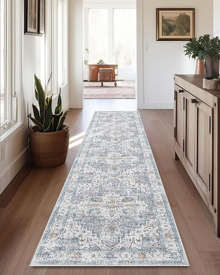 jinchan Hallway Runner Rug 2x10 - Kitchen Machine Washable Vintage Floral Non-Slip with Rubber Backing Ultra-Thin Carpet for Bedroom Laundry Room Living Room (2x10ft, Grey/Blue)