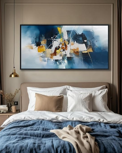 Abstract Canvas Wall Art Navy Blue Wall Art for Living Room Framed Modern Artwork for Walls, Above Bed Wall Decor Navy and Gold for Bedroom and Living Room Office Pictures Wall Decor 29×58IN