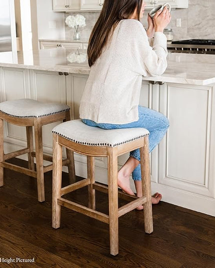Maven Lane Adrien Backless Bar Stool – 31 Inch Saddle Seat with Footrest – Brown Solid Wood Frame & Natural Fabric Upholstery – Ideal for Bars, Pub Tables & Tall Kitchen Counters