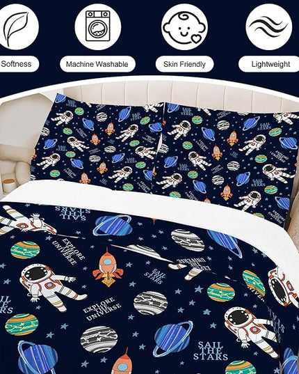 Blue Kids Comforter Set for Boys Queen Cartoon Space Bedding Set Cute Astronaut Rocket Comforter Set 3D Space Rocket Planets Bedding Set with 1 Comforter and 2 Pillowcases