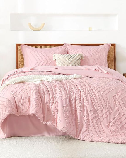 Litanika Pink Full Size Comforter Set with Sheets - 7 Pieces Bed in a Bag Full Boho Tufted Complete Bedding Sets with Comforter, Sheets, Pillowcases & Shams