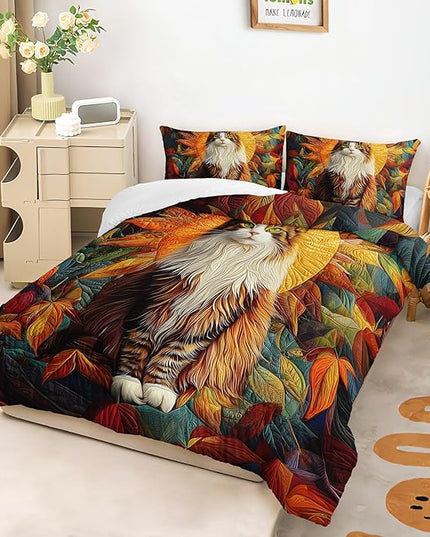 AILONEN Beautiful Cat Comforter Set for Bedroom Decor Twin Size,Sunflower Floral Garden Bedding Sets,Cute Kitten Animal Duvet Set with 2 Pillowcase,Soft Breathable and Microfiber