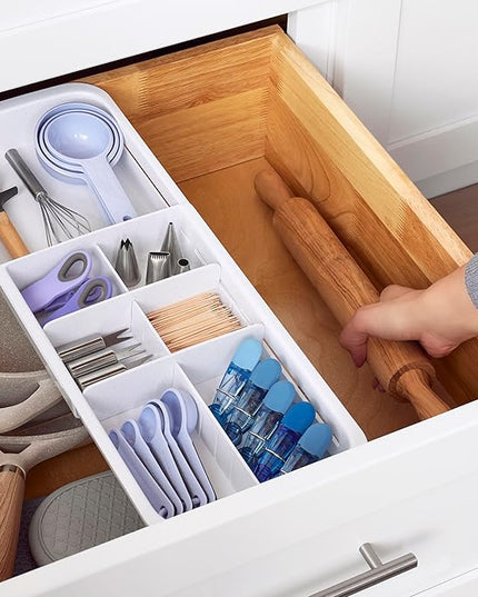 YouCopia DrawerFit Sliding Drawer Tray with Adjustable Dividers, Expandable Kitchen Storage Organizer, Speckled White