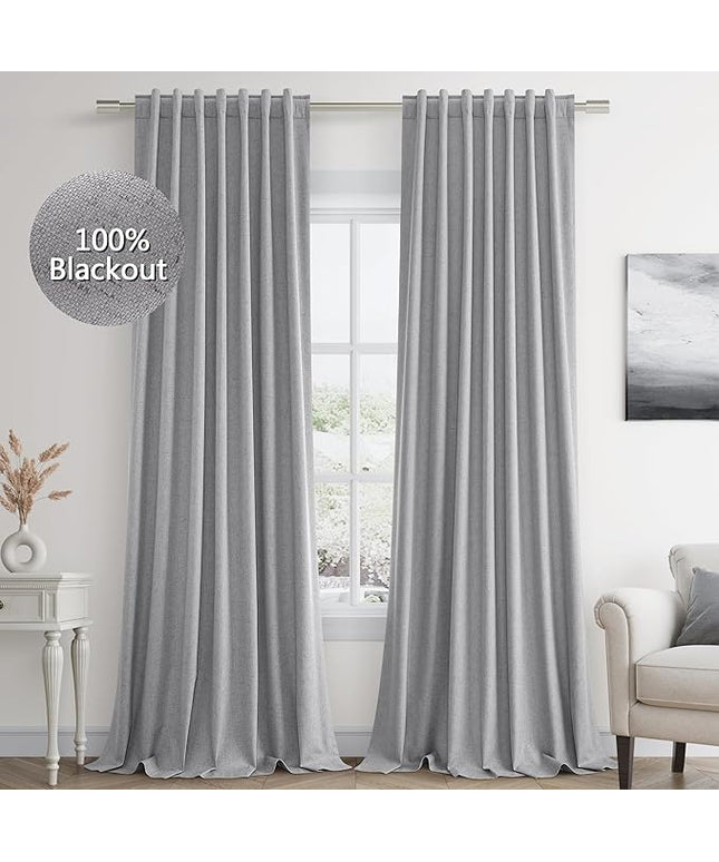 Guken Grey Linen Blackout Curtains 84 Inch Length 2 Panels Set for Living Room Bedroom Back Tab Thermal Insulated 100% Black Out Linen Drapes Room Darkening Window Curtains 84 Inches Long