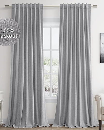 Guken Grey Linen Blackout Curtains 96 Inch Length 2 Panels Set for Living Room Bedroom Back Tab Thermal Insulated 100% Black Out Linen Drapes Room Darkening Window Curtains 96 Inches Long