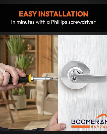 Boomerang Privacy/Bathroom Function - ADA Commercial Door Lever Lock - Heavy-Duty Locking Door Handle, Cylindrical Lever Lock, Non-Handed Grade 2, Satin Chrome (US26D), Privacy/Bathroom