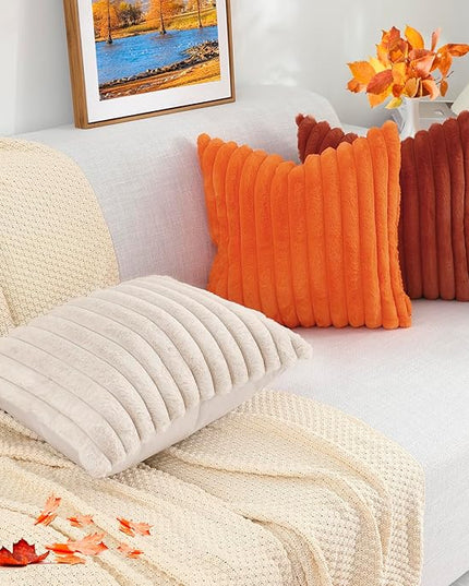 decorUhome Faux Fur Spring Throw Pillow Covers 22x22 Set of 2, Decorative Soft Plush Striped Neutral Couch Euro Pillow Covers with Velvet Back for Sofa, Bed, Living Room Home Decor, Rust