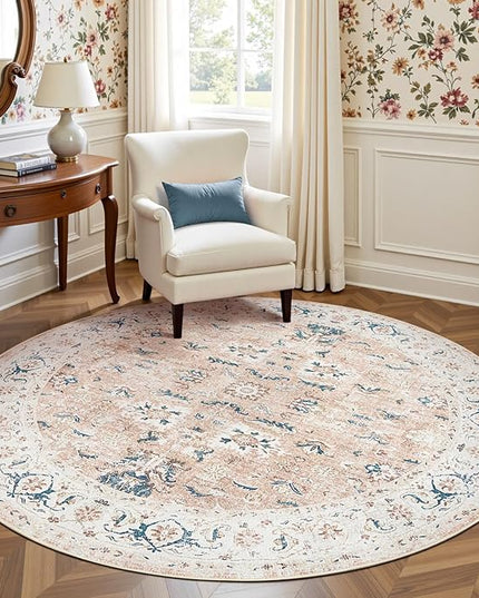 jinchan Round Rug 7ft Area Rug - Washable Boho Vintage Floral Circle 7' Round Floor Cover Lightweight Low Pile Thin Throw Non-Slip Carpet for Kitchen Living Room Bedroom Dining Room Office Pink Blush