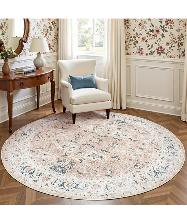 jinchan Round Rug 7ft Area Rug - Washable Boho Vintage Floral Circle 7' Round Floor Cover Lightweight Low Pile Thin Throw Non-Slip Carpet for Kitchen Living Room Bedroom Dining Room Office Pink Blush