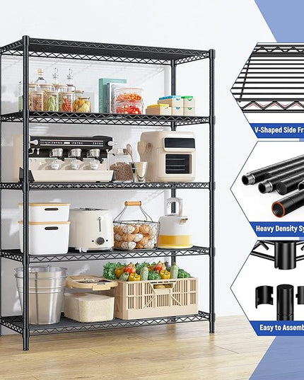 5 Tier Storage Shelves 71"H Wire Shelving Adjustable Metal Shelving,1000LBS Pantry Shelves Sturdy Steel Wire Shelf for Kitchen School Pantry Garage Warehouse ,71"H X35.5"W X13.8"D, Black,2P