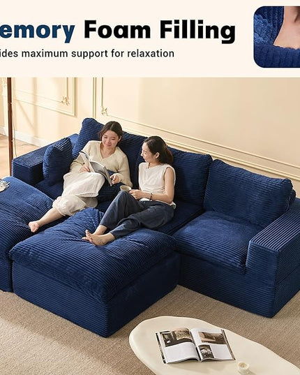 106.3” Sectional Couches for Living Room, Cloud Couch, Modular Sectional Sofa, Convertible Sofas Bed, Deep Seat Sofa, U Shaped Cozy Sofa Furniture Set, Corduroy, Blue