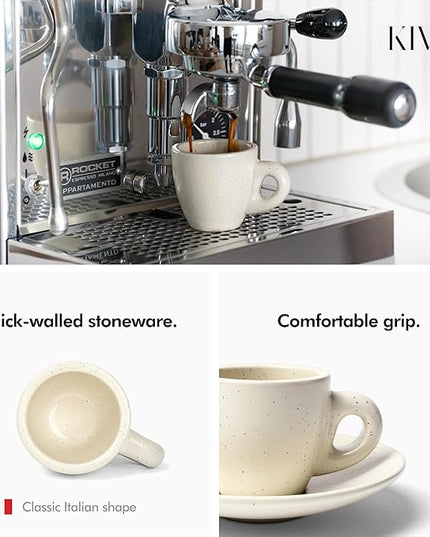 KIVY 3 oz Espresso cups set of 4 - Thick walled stoneware espresso cup set - Italian style espresso cups and saucers - Demitasse cups set of 4 - Coffee mugs - Demitasse cups and saucers sets
