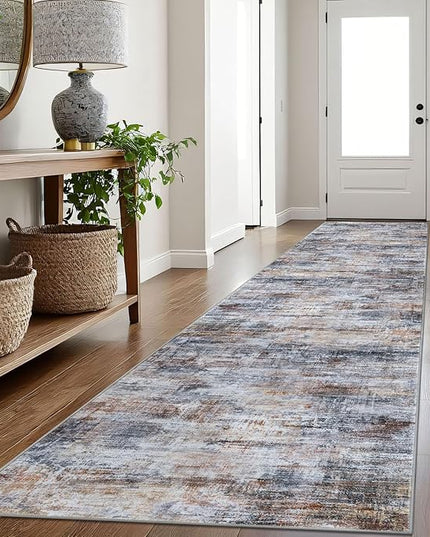 IOHOUZE Abstract Runner Rug 3x16 Ft Washable Runners for Hallways, Non Slip Kitchen Runner Printed Faux Wool Entryway Runner Indoor, Modern Abstract Floor Carpet for Hall Stair, Orange Grey